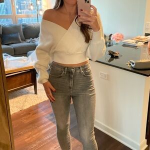 Cropped Cream Ribbed Sweater